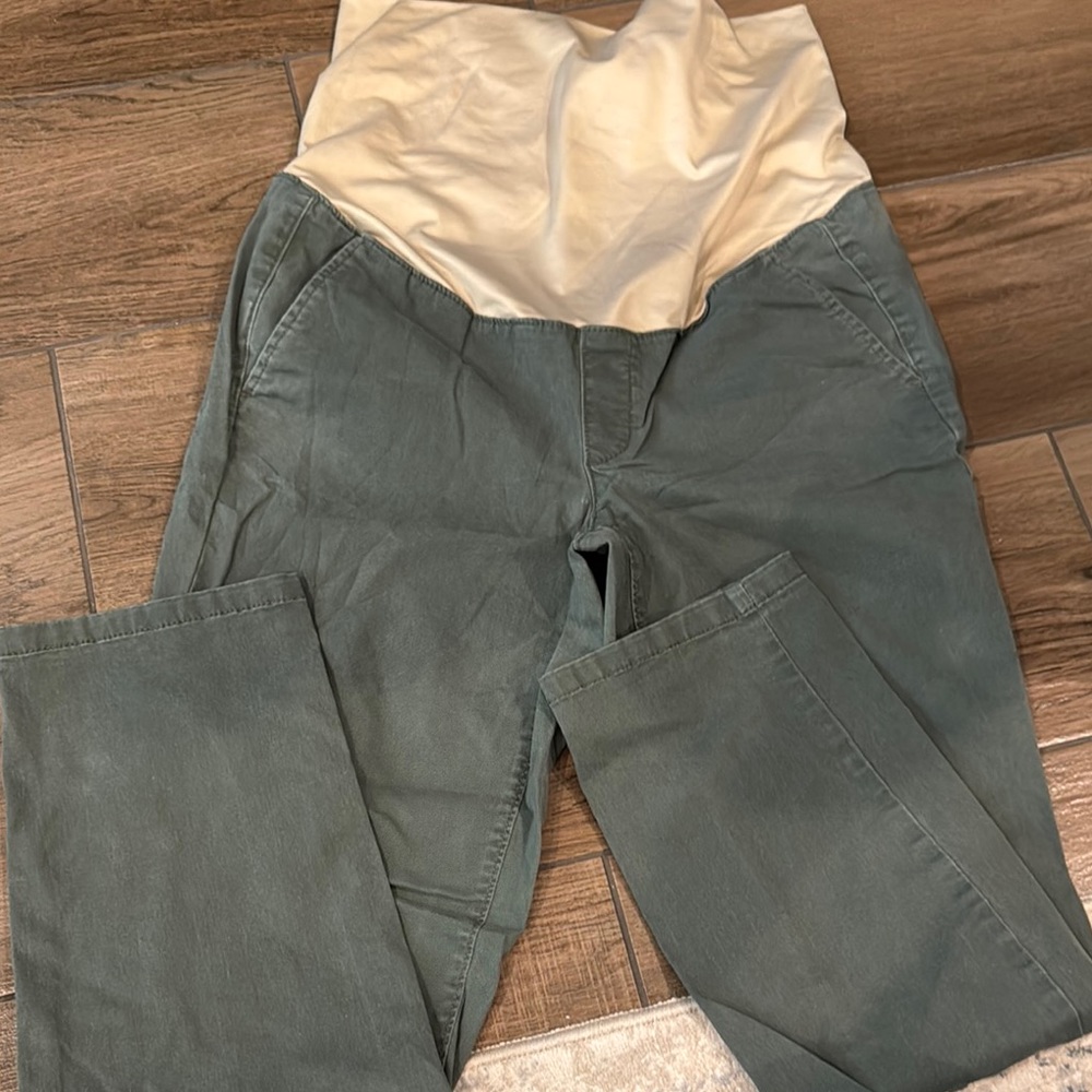 LOFT Olive Green Maternity Ankle Pants with Cream Waistband